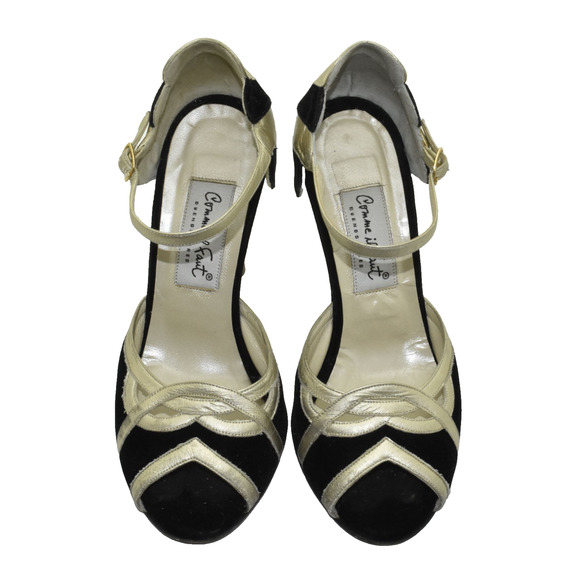 A8 Auth COME IL FAUT Black Velvet Gold Leather Argentine Tango Heels Shoes Sz 5 - Picture 3 of 7